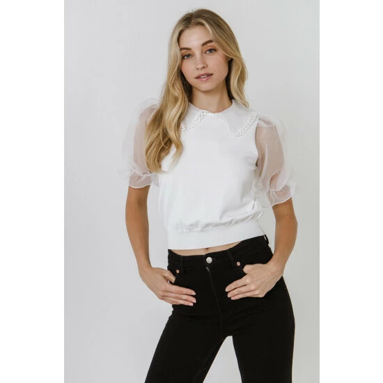 Endless Rose Mixed Media Short Puff Sleeve Top Tops White