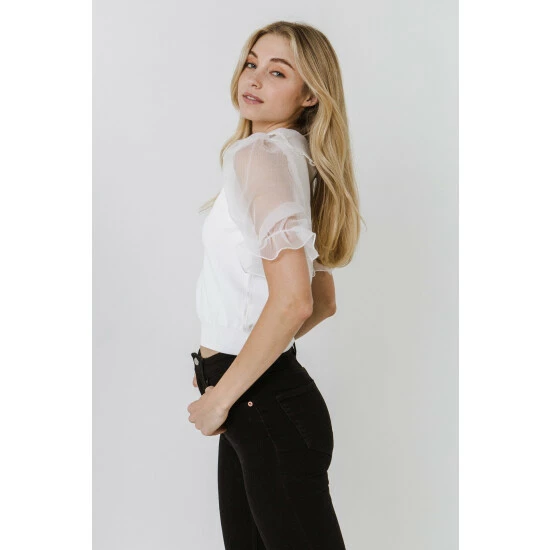 Endless Rose Mixed Media Short Puff Sleeve Top Tops White - Image 2