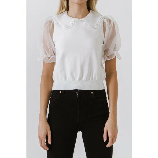 Endless Rose Mixed Media Short Puff Sleeve Top Tops White - Image 3