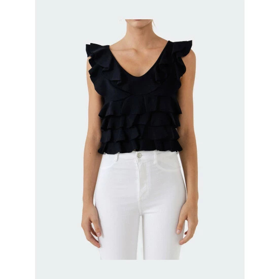 Endless Rose Ruffle Fitted Mini Top Tops Black - Image 5