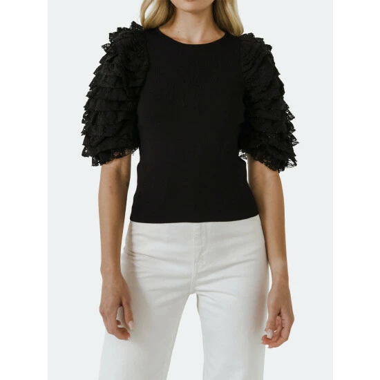 Endless Rose Mixed Media Contrast Sleeve Top Tops Black - Image 5