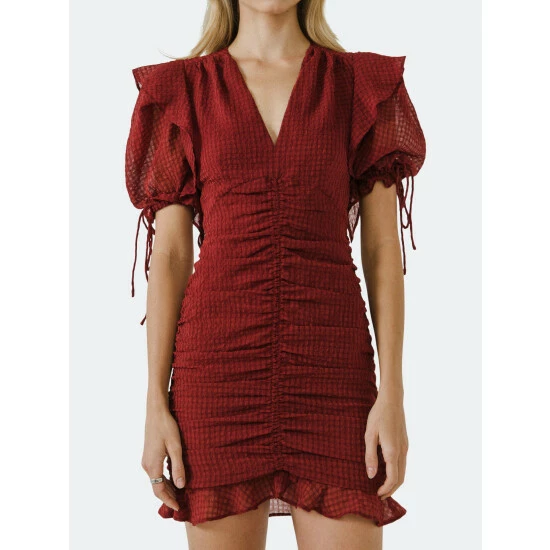 Endless Rose Puff Sleeve Ruched Mini Dress Dresses Wine - Image 3