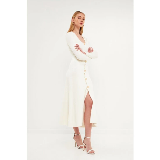 Endless Rose Gold Color Button Fitted Knit Dress Dresses White - Image 7