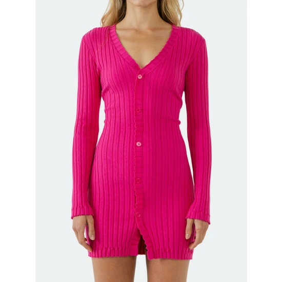 Endless Rose Ruffle Button Down Knit Dress Dresses Fuchsia - Image 5