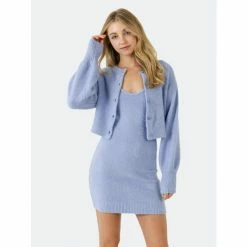 Endless Rose Knitted Puff Sleeve Cardigan Sweatshirts & Sweaters Blue