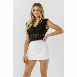 Endless Rose Plunging Neck Lace Trim Top Tops Black