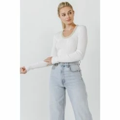 Endless Rose Beads & Faux Pearl Neckline Knit Top Tops Cream