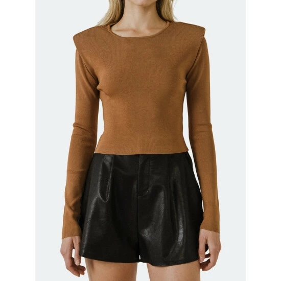 Endless Rose Shoulder Pad Knit Top Tops Camel - Image 3