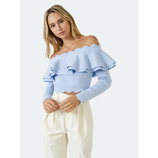 Endless Rose Scallop Detail Off The Shoulder Sweater Sweatshirts & Sweaters Blue - Image 2