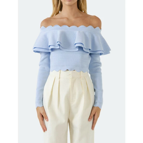 Endless Rose Scallop Detail Off The Shoulder Sweater Sweatshirts & Sweaters Blue - Image 4