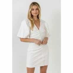 Endless Rose Asymmetical Buttoned Puff Sleeve Fitted Mini Dresses White