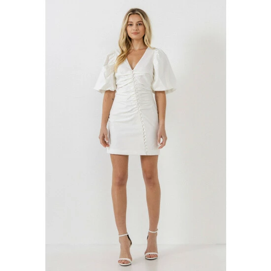 Endless Rose Asymmetical Buttoned Puff Sleeve Fitted Mini Dresses White - Image 2