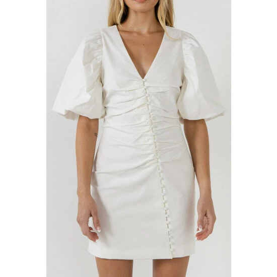 Endless Rose Asymmetical Buttoned Puff Sleeve Fitted Mini Dresses White - Image 5