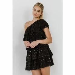 Endless Rose Shiny Dotted Chiffon Ruffled Top Lounge Black