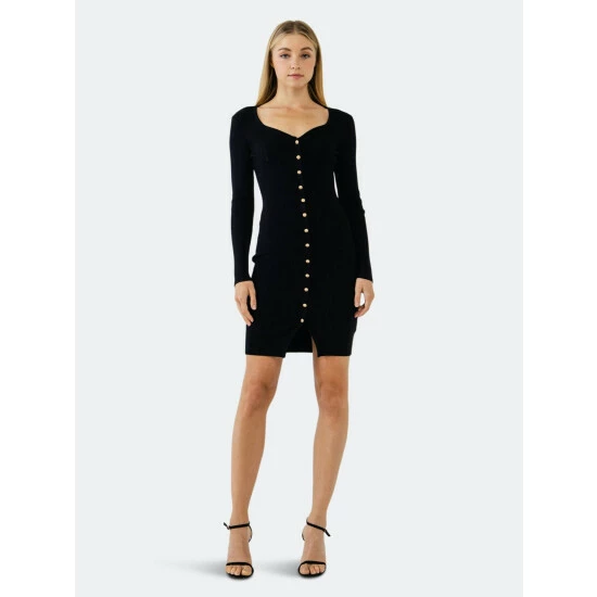 Endless Rose Long Sleeve Button Down Knit Dress Dresses Black - Image 2