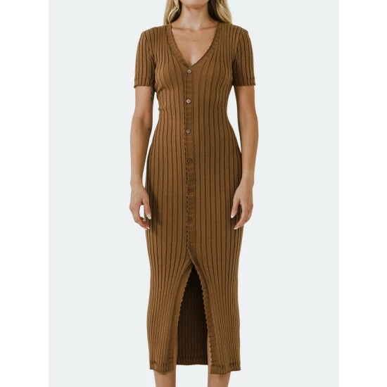 Endless Rose Button Down Knit Maxi Dress Dresses Camel - Image 2