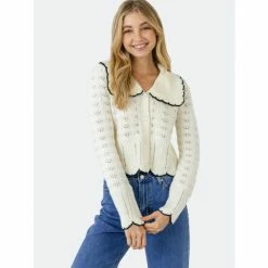 Endless Rose Scallop Collared Trim Knit Cardigan Sweatshirts & Sweaters White