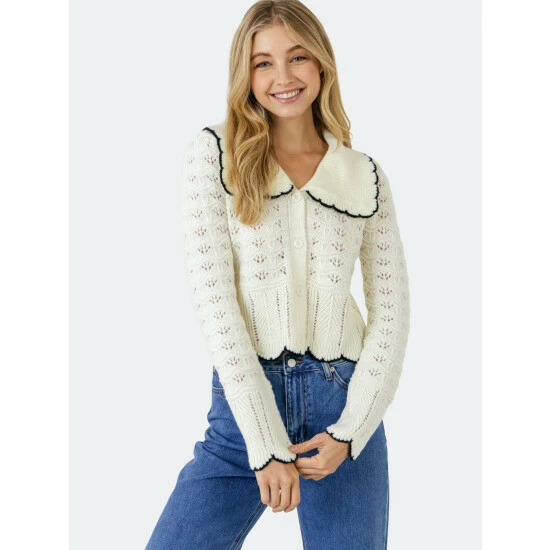 Endless Rose Scallop Collared Trim Knit Cardigan Sweatshirts & Sweaters White
