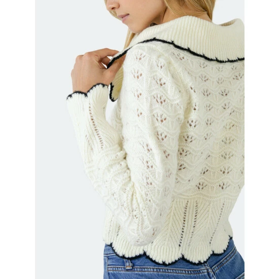Endless Rose Scallop Collared Trim Knit Cardigan Sweatshirts & Sweaters White - Image 2