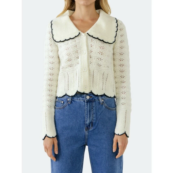 Endless Rose Scallop Collared Trim Knit Cardigan Sweatshirts & Sweaters White - Image 4