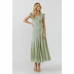 Endless Rose Asymmetrical Ruffle Maxi Dress Dresses Sage