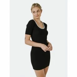 Endless Rose Beads & Faux Pearl Neckline Knit Mini Dress Dresses Black