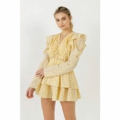 Endless Rose Ruched Front Long Sleeve Floral Romper Jumpsuits & Rompers Yellow