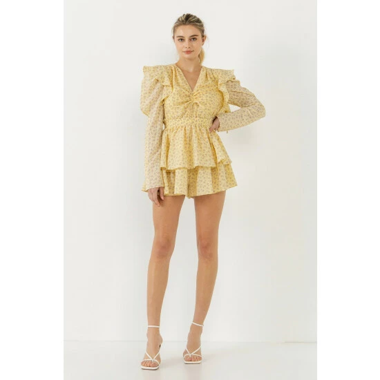 Endless Rose Ruched Front Long Sleeve Floral Romper Jumpsuits & Rompers Yellow - Image 2