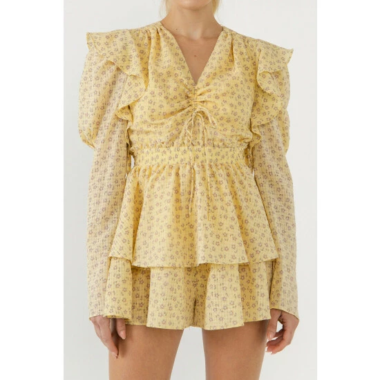 Endless Rose Ruched Front Long Sleeve Floral Romper Jumpsuits & Rompers Yellow - Image 5