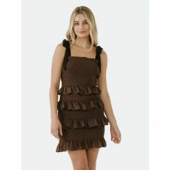 Endless Rose Ruffle Detail Smocked Mini Dress Dresses Brown