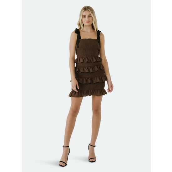 Endless Rose Ruffle Detail Smocked Mini Dress Dresses Brown - Image 2