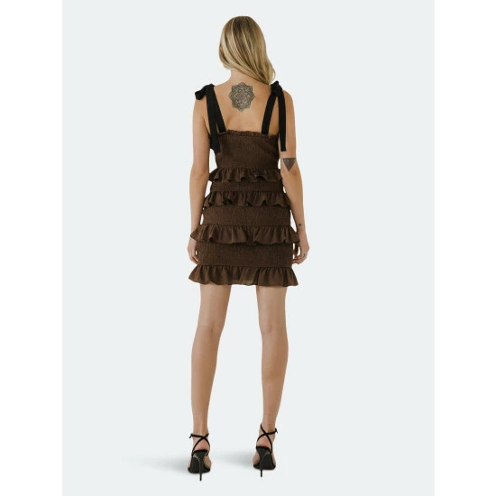 Endless Rose Ruffle Detail Smocked Mini Dress Dresses Brown - Image 4