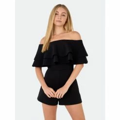 Endless Rose Off The Shoulder Ruffled Romper Jumpsuits & Rompers White