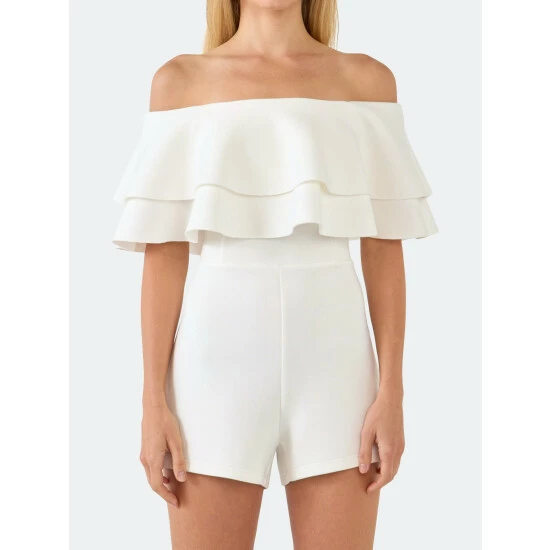 Endless Rose Off The Shoulder Ruffled Romper Jumpsuits & Rompers White - Image 9