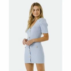 Endless Rose Short Puff Sleeve Knit Mini Dress Dresses Powder Blue