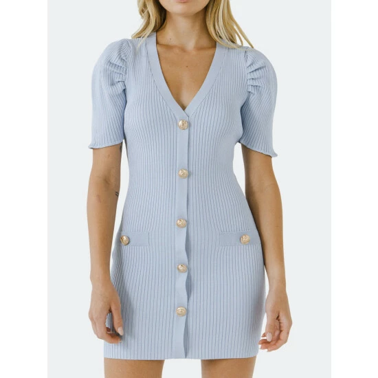 Endless Rose Short Puff Sleeve Knit Mini Dress Dresses Powder Blue - Image 3