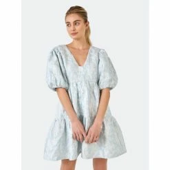 Endless Rose Jacquard Puff Sleeve High Low Dress Dresses Blue