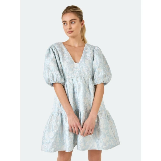 Endless Rose Jacquard Puff Sleeve High Low Dress Dresses Blue