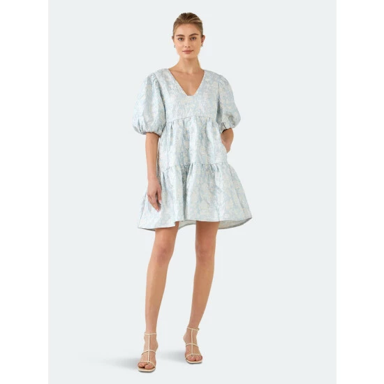 Endless Rose Jacquard Puff Sleeve High Low Dress Dresses Blue - Image 2