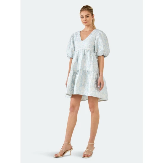 Endless Rose Jacquard Puff Sleeve High Low Dress Dresses Blue - Image 3