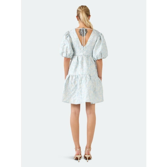 Endless Rose Jacquard Puff Sleeve High Low Dress Dresses Blue - Image 4
