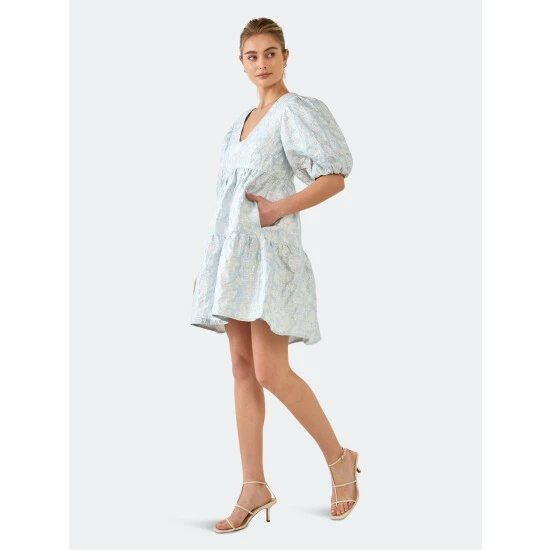 Endless Rose Jacquard Puff Sleeve High Low Dress Dresses Blue - Image 5