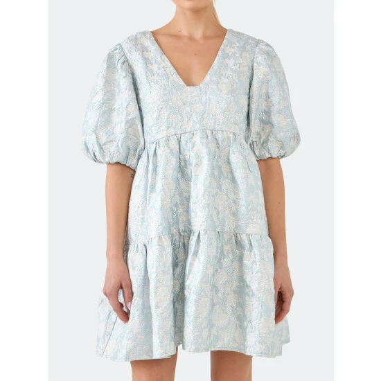 Endless Rose Jacquard Puff Sleeve High Low Dress Dresses Blue - Image 8