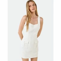 Endless Rose Tweed Pocket Detail Mini Dress Dresses White