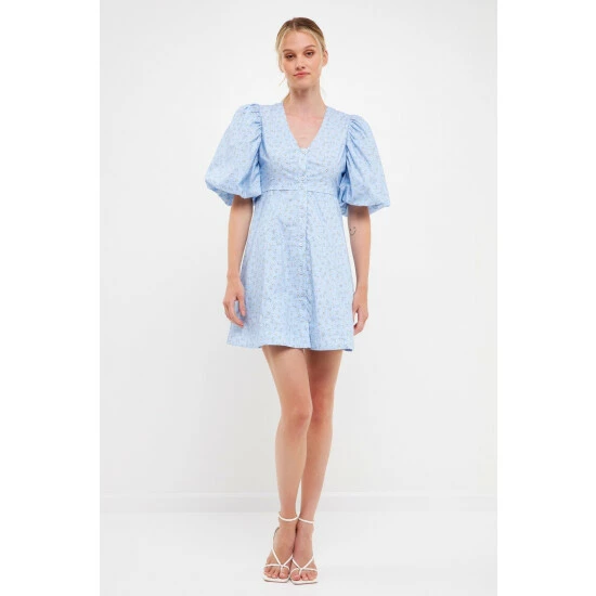 Endless Rose Floral Print Mini Dress With Button Detail - Blue Multi Dresses