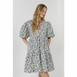Endless Rose Floral Puff Sleeve Jacquard High Low Dress Dresses White/purple