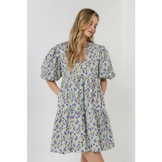 Endless Rose Floral Puff Sleeve Jacquard High Low Dress Dresses White/purple