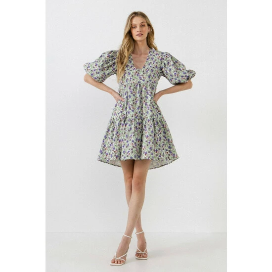 Endless Rose Floral Puff Sleeve Jacquard High Low Dress Dresses White/purple - Image 2