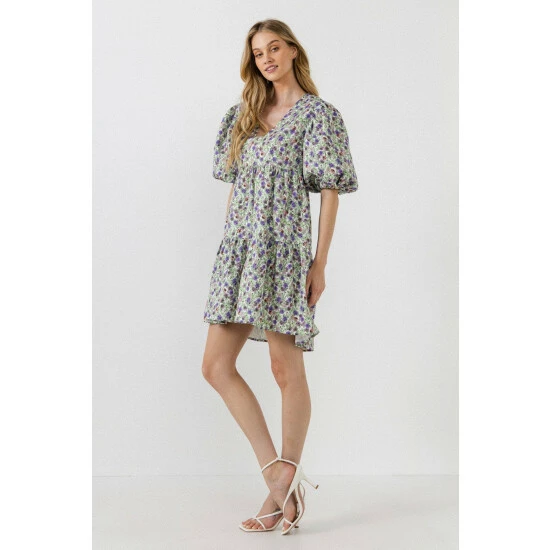 Endless Rose Floral Puff Sleeve Jacquard High Low Dress Dresses White/purple - Image 3