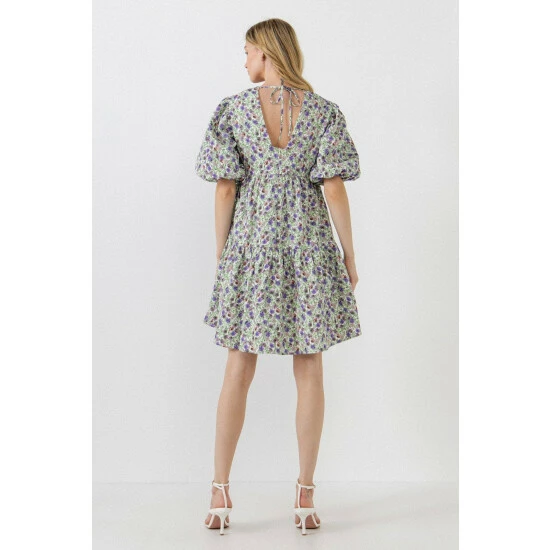 Endless Rose Floral Puff Sleeve Jacquard High Low Dress Dresses White/purple - Image 4